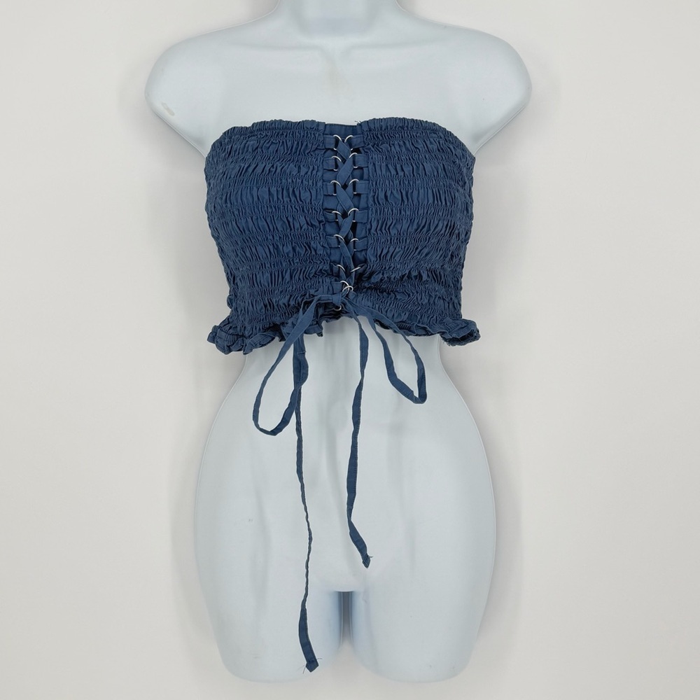 American Eagle Strapless Lace Up Corset Ruffled Crop Top